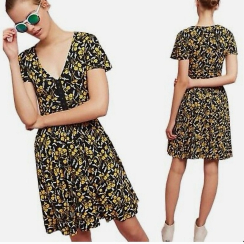 Maeve Black and Yellow Floral Mini Dress